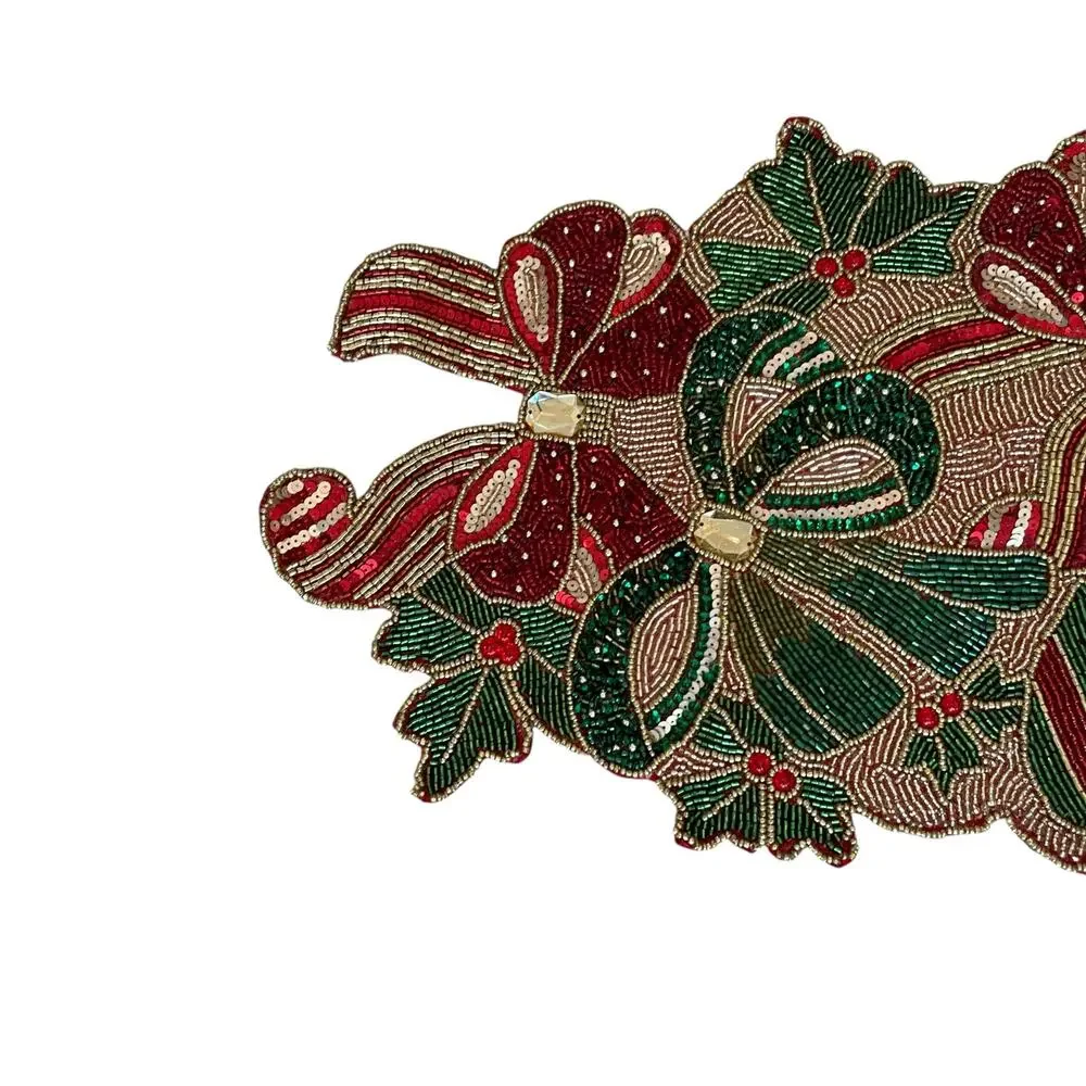 Nicole Miller Beaded Poinsettia Bow Table Runner 13x34 Pink Red Green New